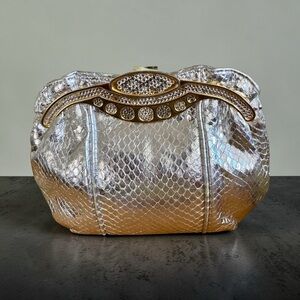 Vtg 80s Bellini Silver Metallic Lizard Rhinestone Clutch Bag Small Glam As Is